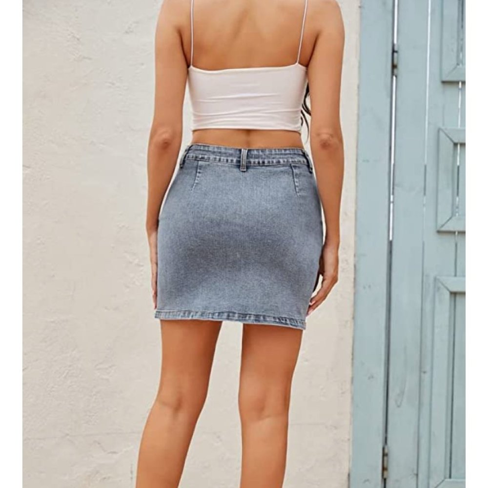 Light Wash Lace Up Denim High Waist Asymmetrical Cut Out Jean Mini Pencil Skirt - Picture 5 of 7